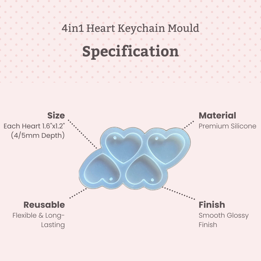 Close-up of 4 in 1 heart resin mould cavities for keychain and pendant