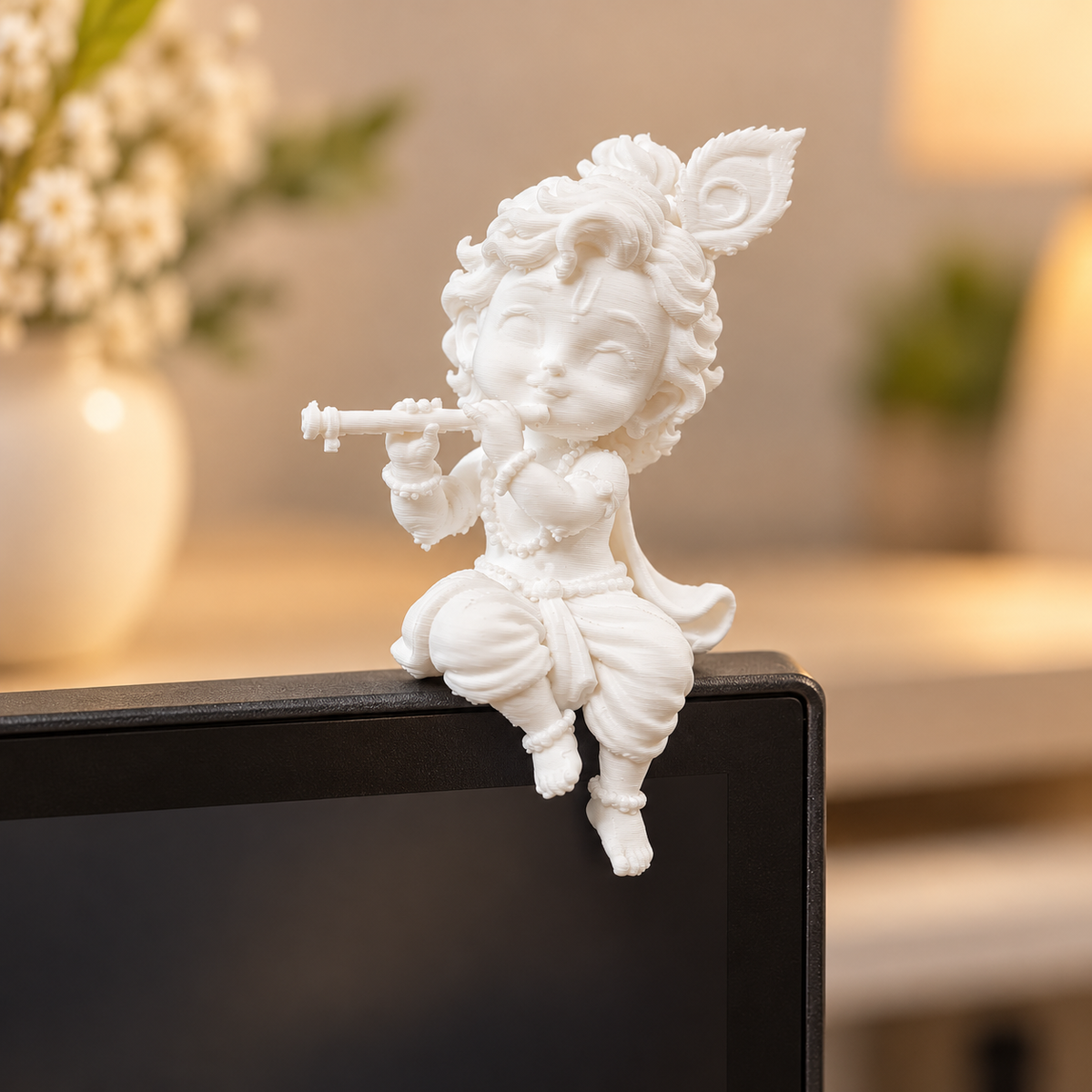 White 3D printed sitting Bal Krishna playing flute idol for car dashboard and desk decor by Shrebhavi