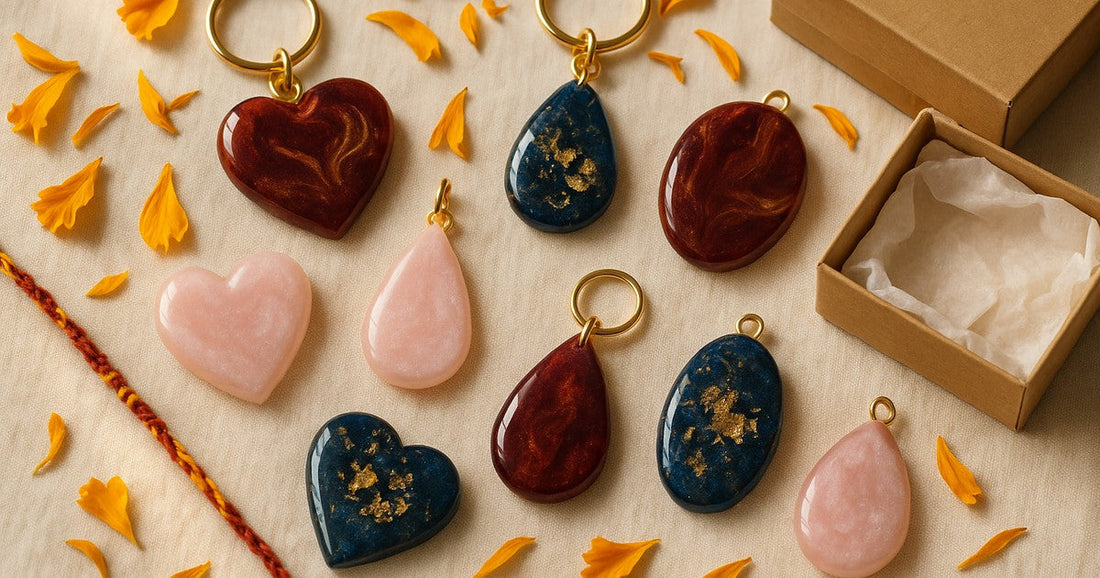 Handmade resin pendants and keychains in festive Raksha Bandhan colours arranged with marigold petals and a rakhi thread