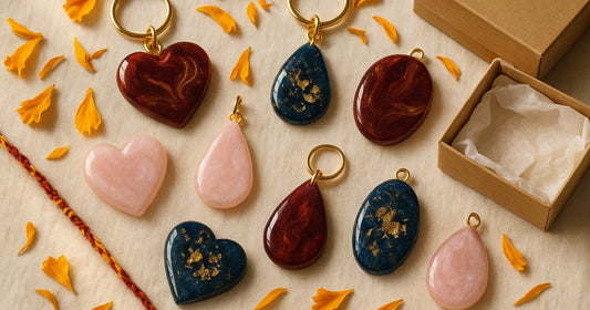 Handmade resin pendants and keychains in festive Raksha Bandhan colours arranged with marigold petals and a rakhi thread