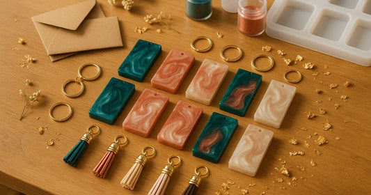 Nine rectangle resin keychains and bookmarks in teal, rose gold and pearl white arranged with tassels and kraft paper packaging on a wooden craft table