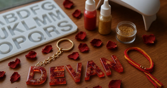 Handmade resin alphabet keychains made using a silicone letter mould, displayed with craft supplies and a rakhi for Raksha Bandhan