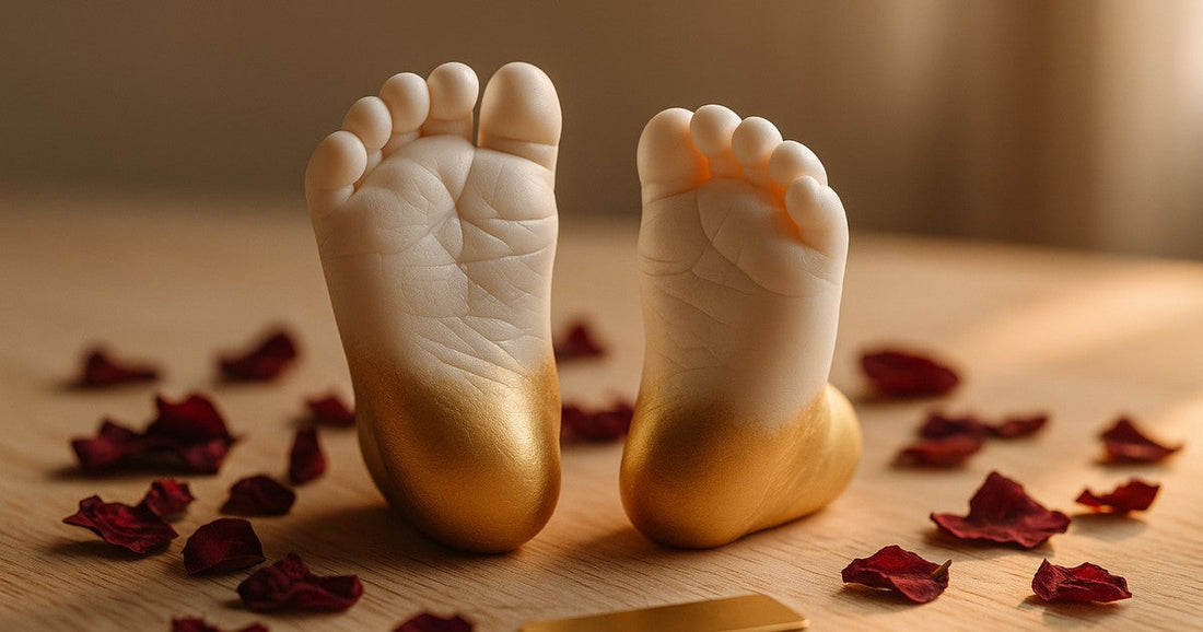 White and gold resin baby foot casts on a wooden surface with dried rose petals — handmade keepsake for naming ceremony