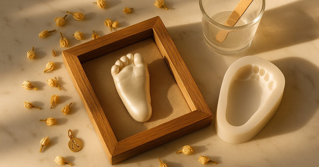 Cured resin baby foot mould keepsake in a wooden shadow box frame with dried flowers and gold charm, surrounded by crafting tools on white marble