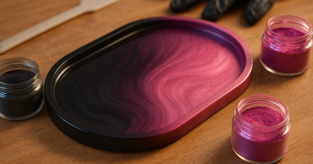 Resin decorative tray showing a colour-shift gradient from carbon black pearl to rose violet pearl mica powder using the wet blend technique