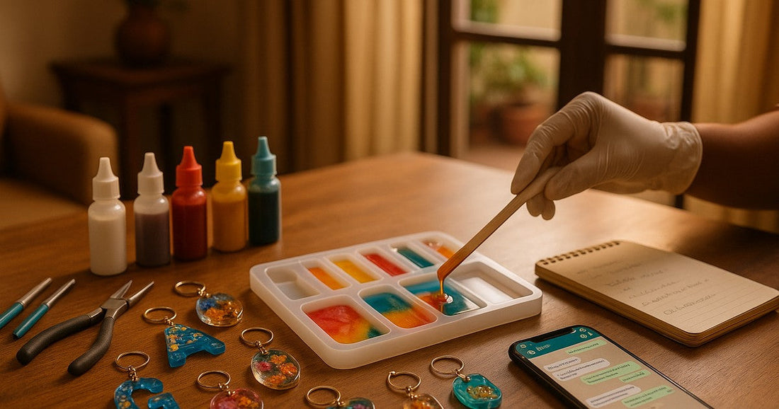 Indian resin seller's home workspace with custom order moulds, pigments, and handwritten notes on a wooden table