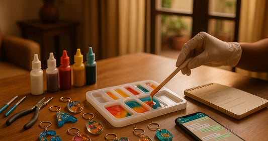 Indian resin seller's home workspace with custom order moulds, pigments, and handwritten notes on a wooden table