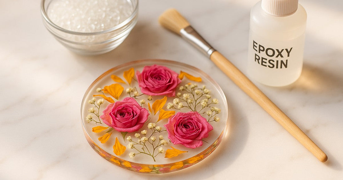 Clear epoxy resin coaster with embedded dried flowers — roses, marigolds, and baby's breath — on a marble surface with silica gel and resin bottles nearby