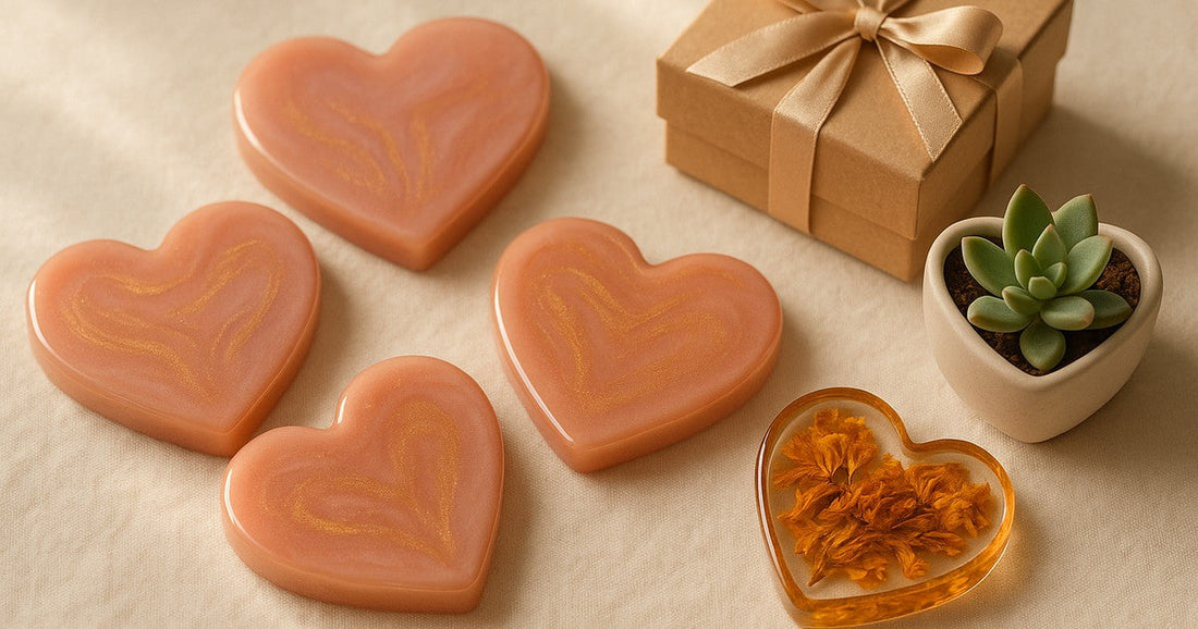 Heart silicone mould resin art products including coasters, dried flower heart piece, and heart planter arranged as Indian gifting display