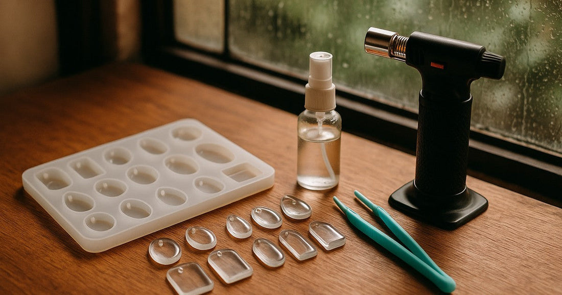 Resin demoulding tools including silicone moulds, mould release spray, and plastic tweezers on a craft table with monsoon light