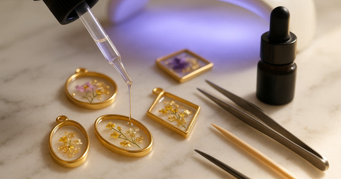 Gold bezels filled with layered UV resin showing depth effect with dried flowers and gold foil inclusions on a marble surface
