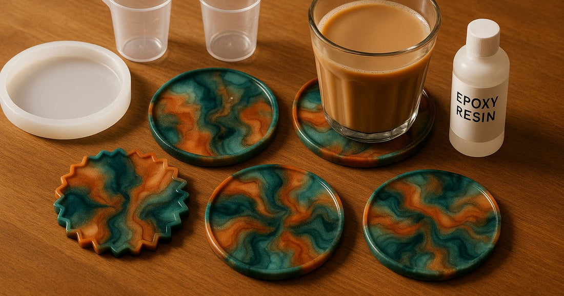 Handmade resin coasters in round and zigzag silicone moulds with swirl alcohol ink designs on a wooden table