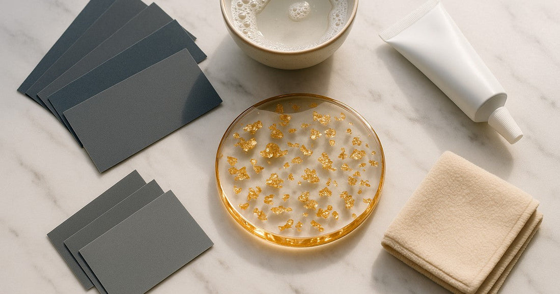 Wet sandpaper grits and polishing compound laid out beside a crystal-clear finished resin coaster on a marble surface