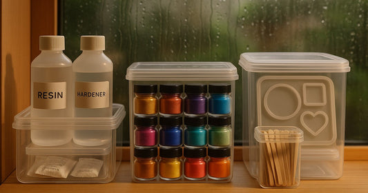 Resin art supplies including epoxy bottles, mica pigments, and silicone moulds stored in airtight containers with silica gel sachets during Indian monsoon season
