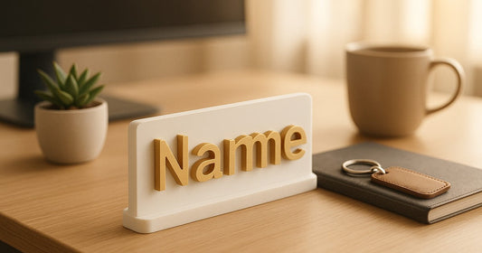 Personalized 3D printed name table sign and keychain displayed on a modern office desk as a job promotion gift in India
