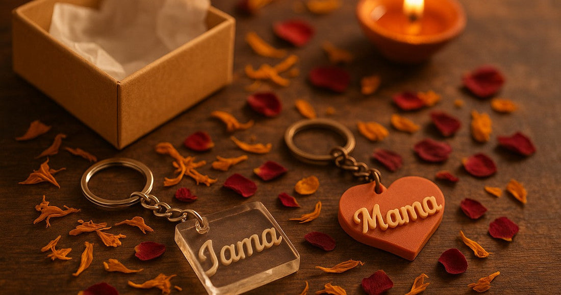Personalized 3D printed name keychain and resin keepsake gift for Karva Chauth displayed with dried flowers and a diya on a wooden surface