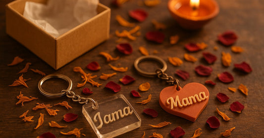 Personalized 3D printed name keychain and resin keepsake gift for Karva Chauth displayed with dried flowers and a diya on a wooden surface
