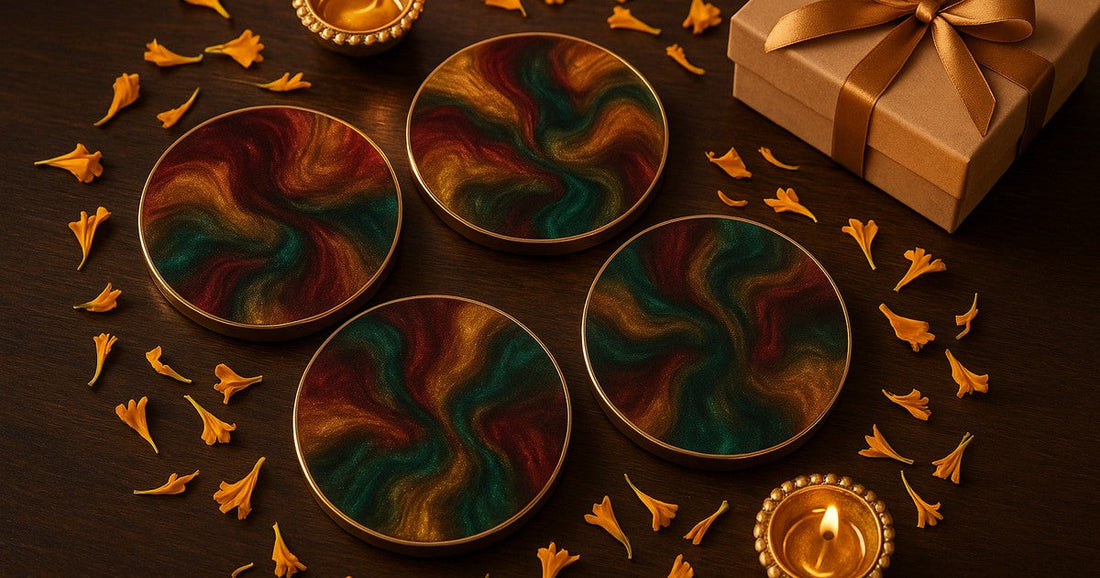 Handmade Diwali resin coasters with deep burgundy, antique gold, and emerald green mica powder colour palette