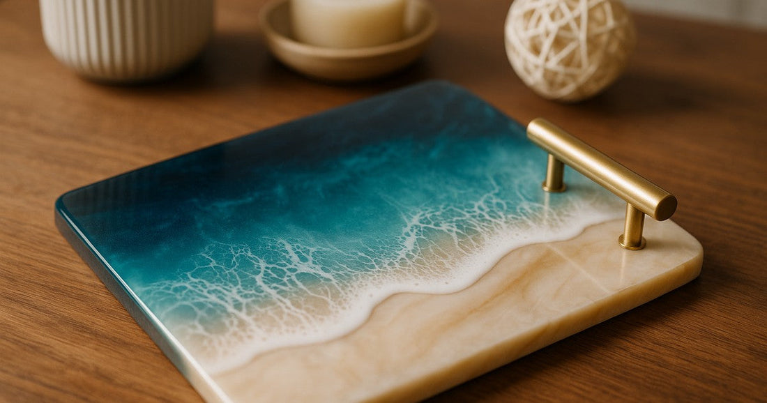 A handmade resin tray with a decorative handle