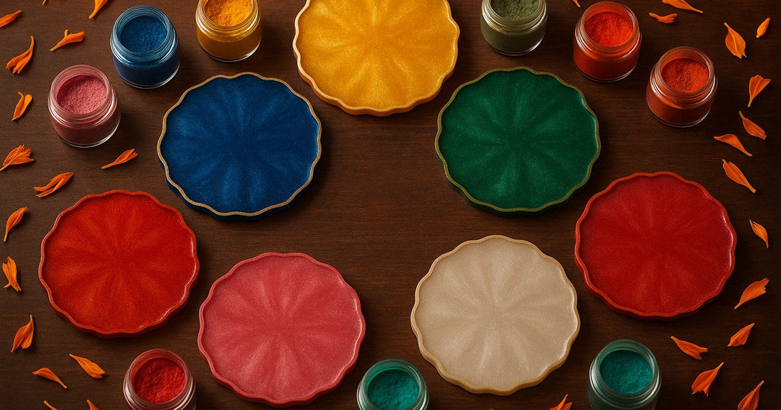 Nine pearlescent resin coasters in Navratri colours arranged with mica powder jars and marigold petals on a wooden surface