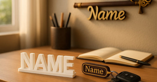 Personalized 3D printed desk accessories for father including a custom name table sign and keychain on a home office desk in India