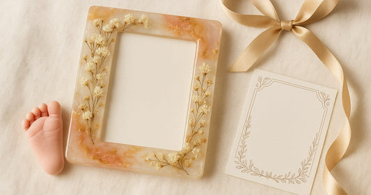 Personalized resin baby frame with custom insert sheet and baby foot mould as a baby shower gift in India