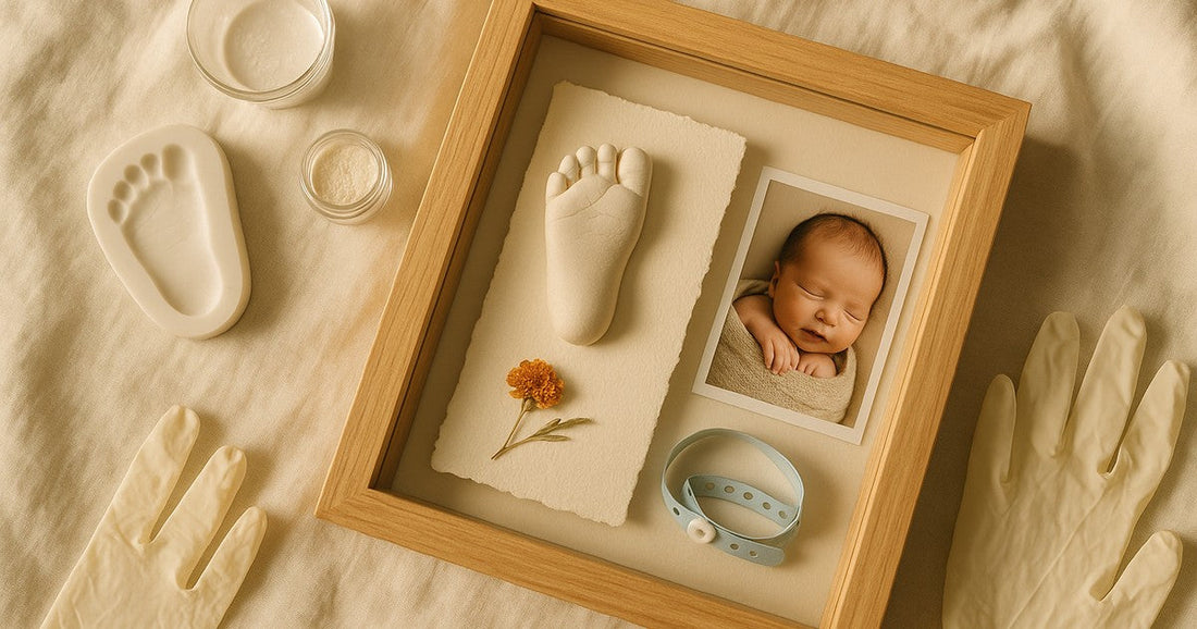 Handcrafted personalized baby frame for newborn with resin footprint, birth details insert, naming ceremony flower, and hospital wristband displayed on white linen