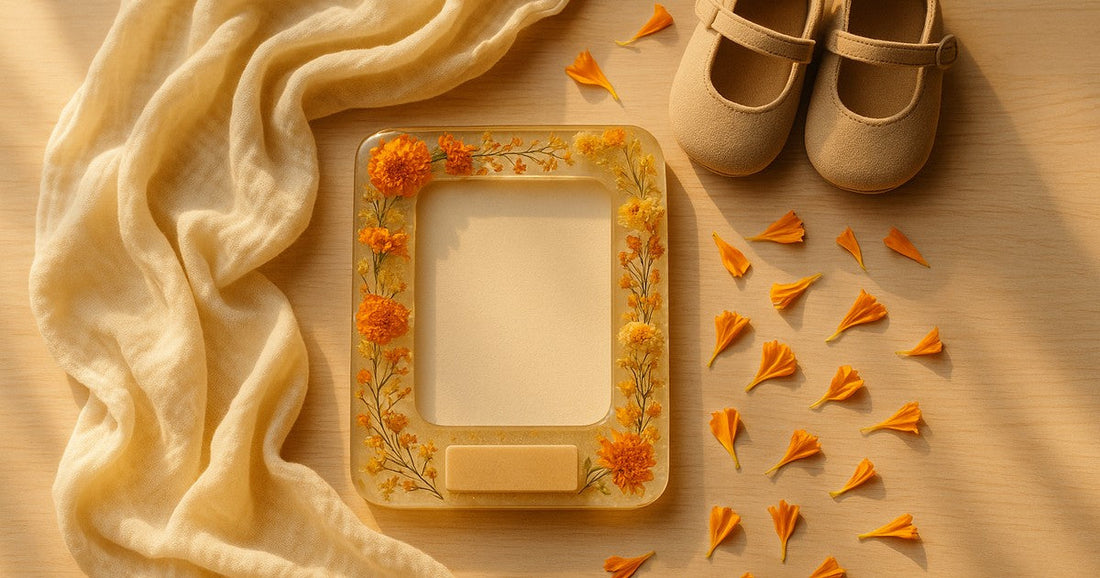 Handmade personalized baby frame with resin and dried flowers for Indian naming ceremony gift
