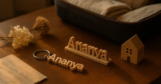 Personalized 3D printed farewell gifts for someone leaving India for abroad — name keychain, table sign, and keepsake arranged on a wooden surface
