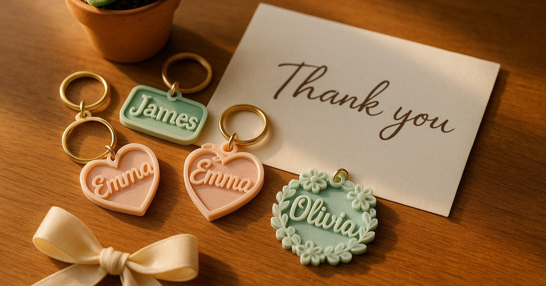 Personalized 3D printed name keychains arranged as thoughtful year-end gifts for teachers on a wooden desk with a handwritten card