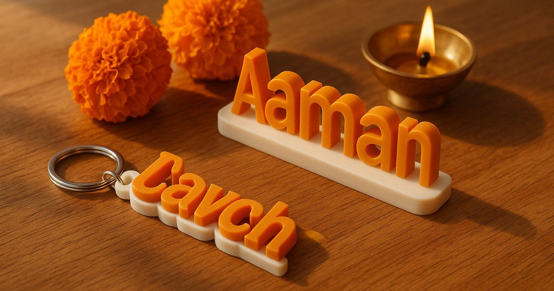 Personalized 3D printed name keychain and table sign as a gift for Upanayana thread ceremony, displayed with marigold flowers and a brass diya
