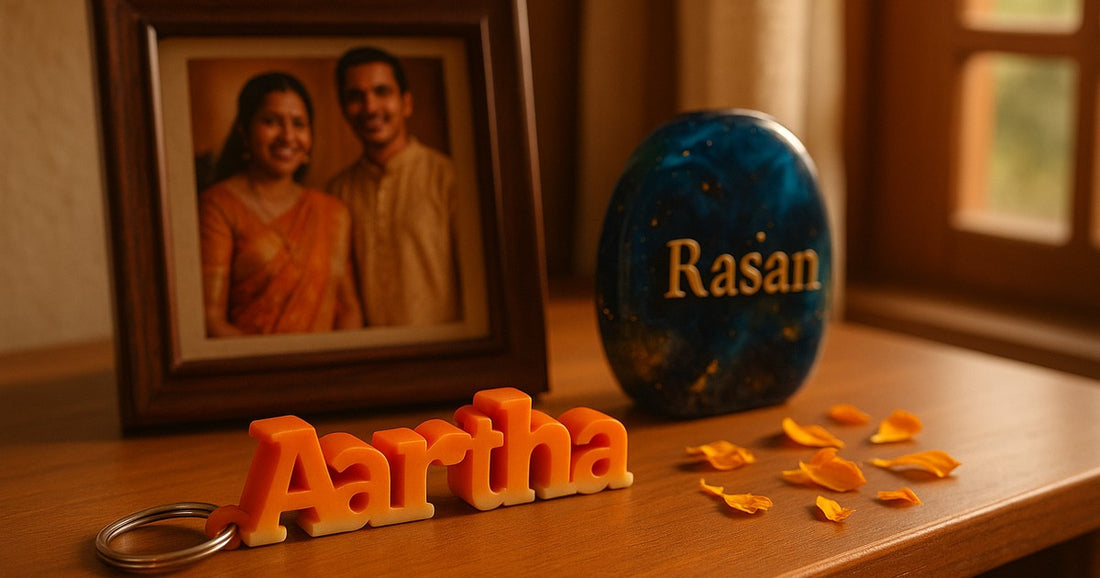 Personalized 3D printed graduation keepsake and resin gift displayed on a home shelf in India