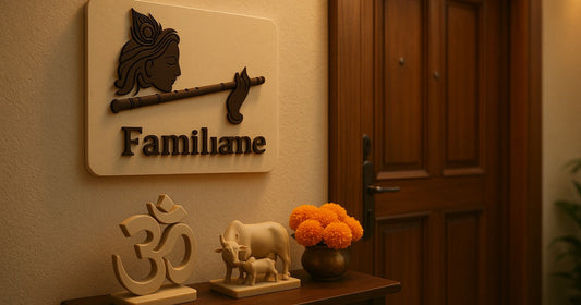 Custom 3D printed Krishna flute nameplate and auspicious home décor sculptures displayed at the entrance of a new Indian home during Griha Pravesh