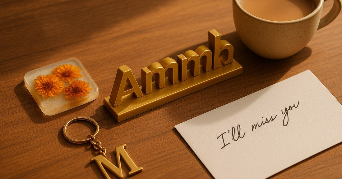 Personalized retirement gift set including custom name table sign, monogram keychain, and handmade resin keepsake on a wooden desk