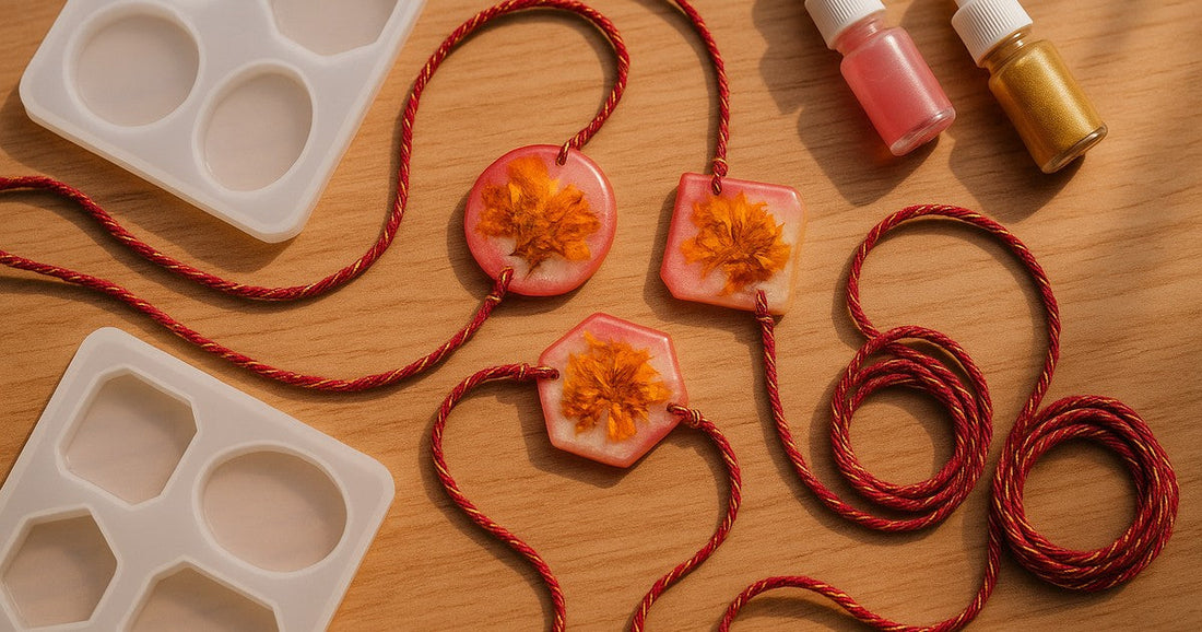 Handmade resin rakhis with dried flower inclusions arranged on a wooden surface with silicone moulds and pigment bottles for Raksha Bandhan production planning