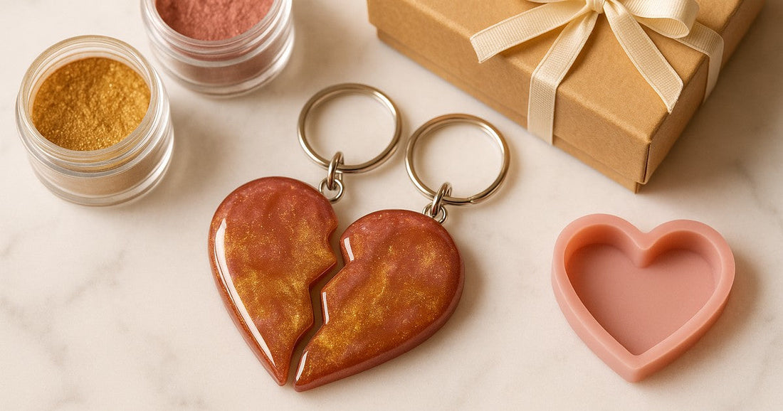 Two matching resin broken heart keychain halves in dusty rose and gold mica finish placed on white marble with craft materials