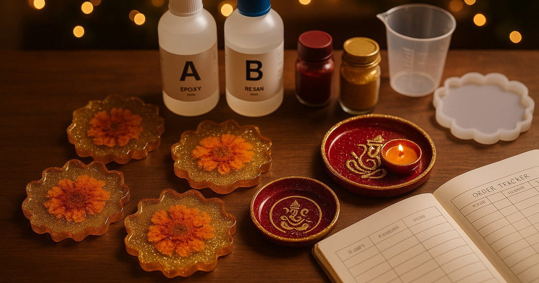 Home resin art workspace with festive season coasters, pooja thali, order tracker notebook, and epoxy resin materials on a wooden table