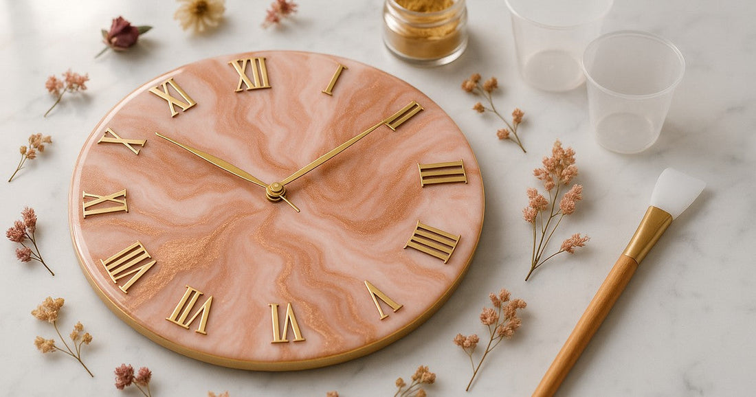 Finished 12-inch resin clock face with blush pink and rose gold swirl design, gold Roman numerals, and gold clock hands on a marble surface