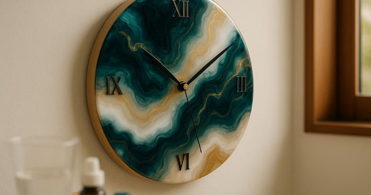 Handmade epoxy resin clock with teal and gold swirl design hanging on a white wall in an Indian home interior