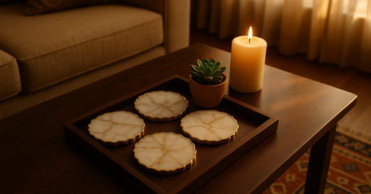 Handmade resin coaster set styled as a coffee table centerpiece in an Indian living room with marble finish and gold veining
