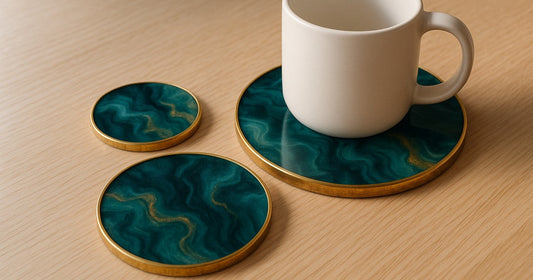Three mixed-size round resin coasters in teal and gold on a wooden surface with a white mug on the largest piece