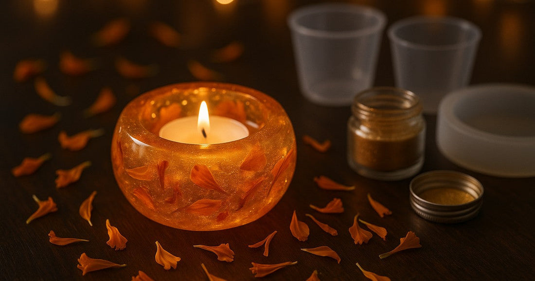 Glowing resin diya holder with embedded marigold petals and gold mica, lit by a tea light candle, surrounded by craft materials on a dark wooden surface