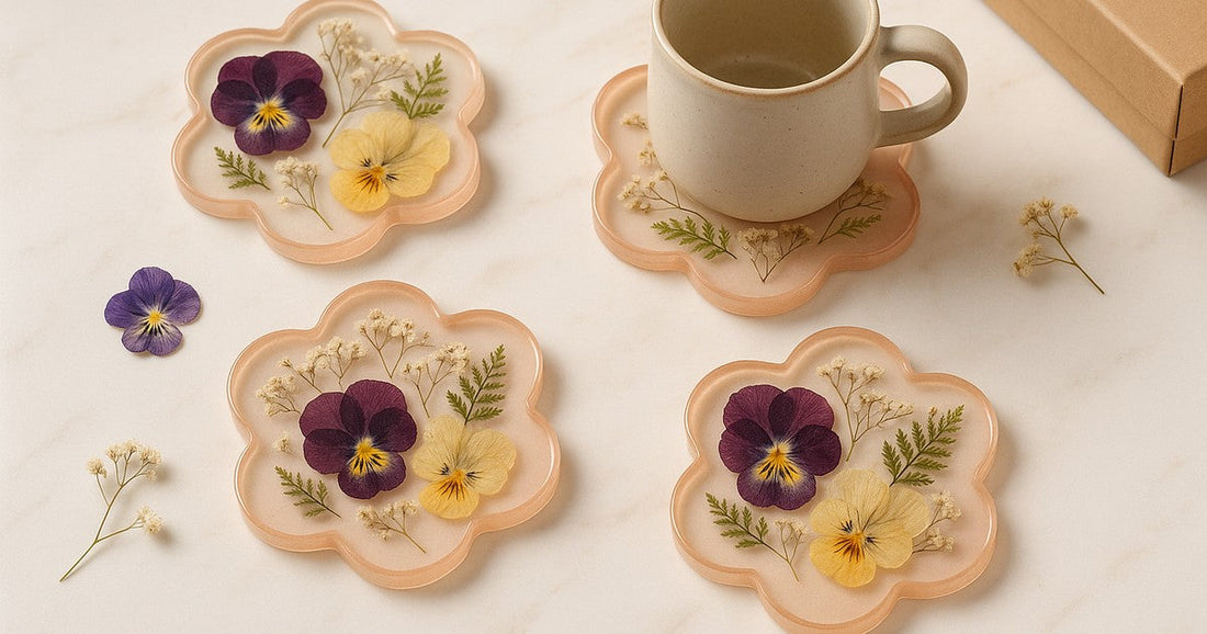 Four handmade resin flower coasters with embedded dried botanicals arranged on a marble surface with a ceramic mug