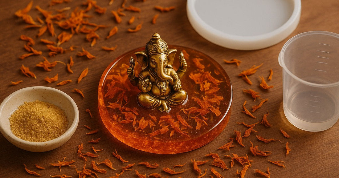 Handmade resin Ganesh idol stand with gold mica and marigold petals in a 4-inch round mould, Ganesh Chaturthi craft project