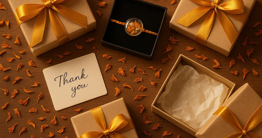 Handmade resin gift packaging ideas for Indian gifting season — kraft boxes, velvet jewellery box, ribbon, dried flowers, and thank-you card on wooden surface
