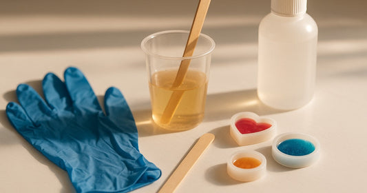 Blue nitrile resin gloves for crafting laid flat next to epoxy resin mixing tools and silicone moulds on a white craft table