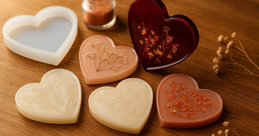 Four finished resin heart coasters in festive colour palettes displayed on a wooden surface with a silicone mould and mica powder nearby