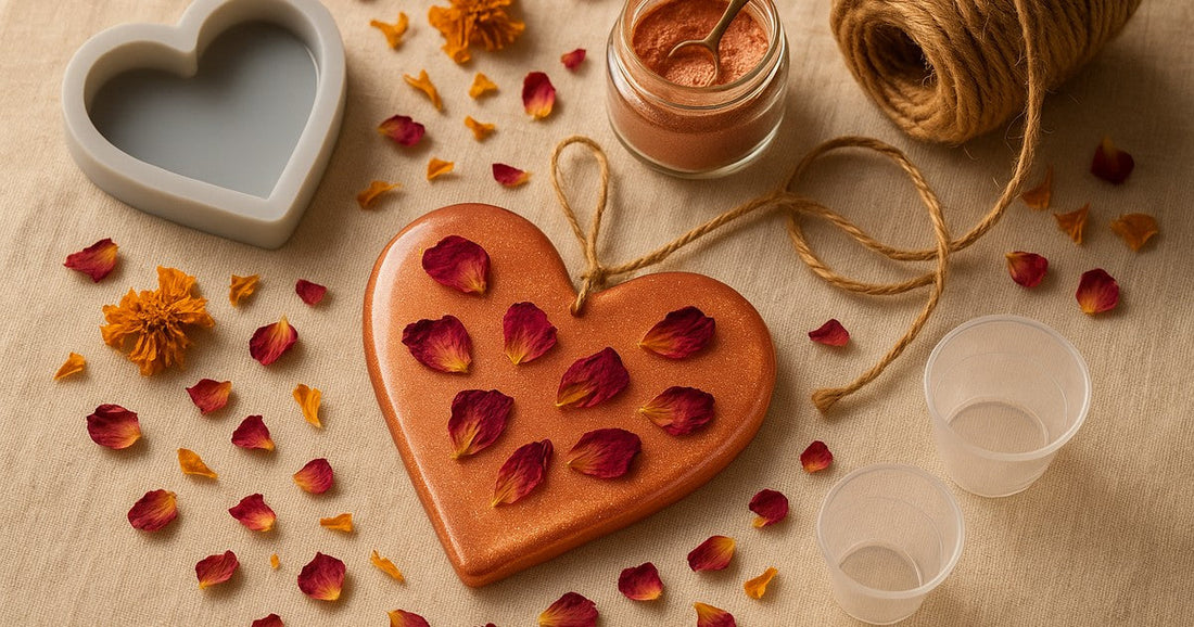 Handmade resin heart wall hanging with rose gold mica and dried petals, displayed with crafting materials on a cream linen surface