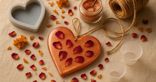 Handmade resin heart wall hanging with rose gold mica and dried petals, displayed with crafting materials on a cream linen surface