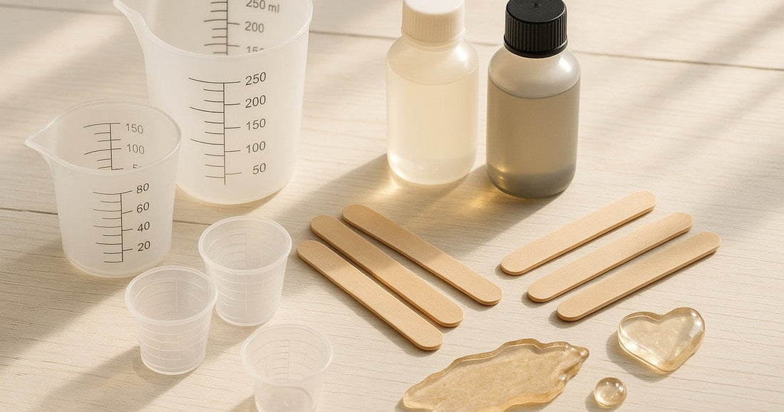 Silicone measuring cups, disposable mixing cups, and resin mixing sticks arranged on a white surface for accurate epoxy resin mixing